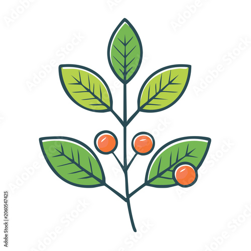 Stylized plant branch with green leaves and orange berries