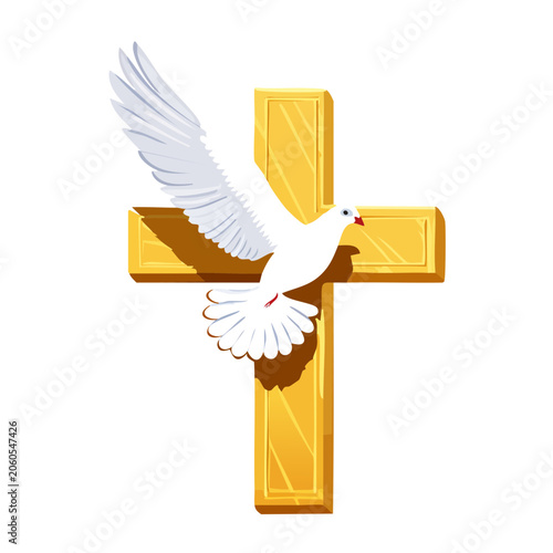 White Dove Flying Near Golden Christian Cross