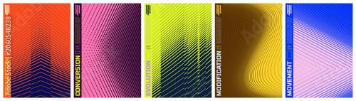 Abstract geometric vector poster set with halftone grid and optical illusion patterns, Shape distortion and linear gradients with transition effect, dynamic graphic for banner and wall art, kit 6