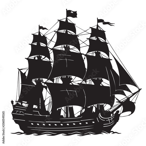 Cuadro en lienzo Pirate ship silhouette vector isolated on a white background