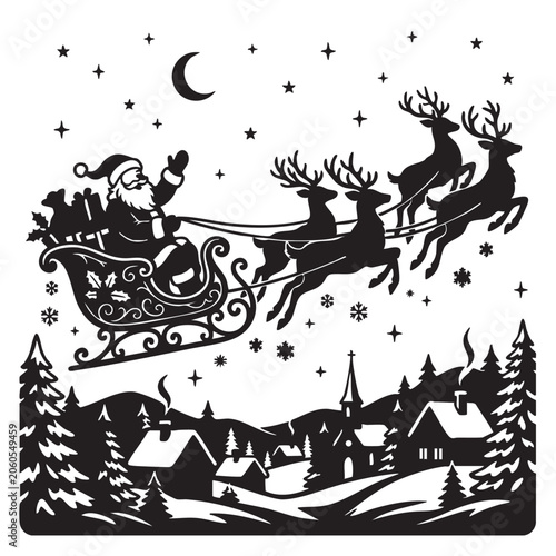 Santa Claus riding a sleigh in a vintage Christmas silhouette illustration