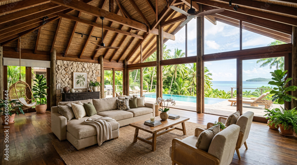 Fototapeta premium Luxury Tropical Villa Living Room with Vaulted Wood Ceilings and Panoramic Ocean View