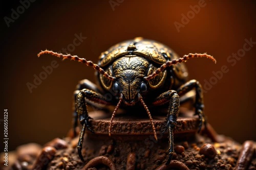 Close-Up Macro Shot of Fantasy Insect Creature with Metallic Armor and Glowing Eyes in Dark Atmosphere
