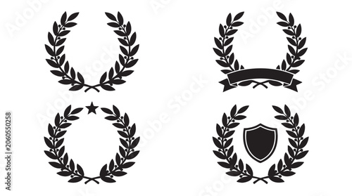 Gold laurel wreath shield emblem vector design with ribbon, award symbol decoration, vintage floral leaf branch frame icon set, winner medal circle illustration