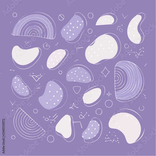 Abstract Organic Shapes and Geometric Elements on Purple Background
