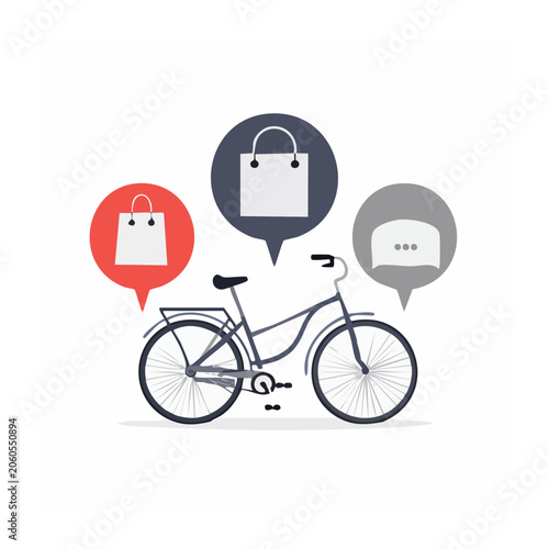 Bicycle with shopping and chat icons in flat design