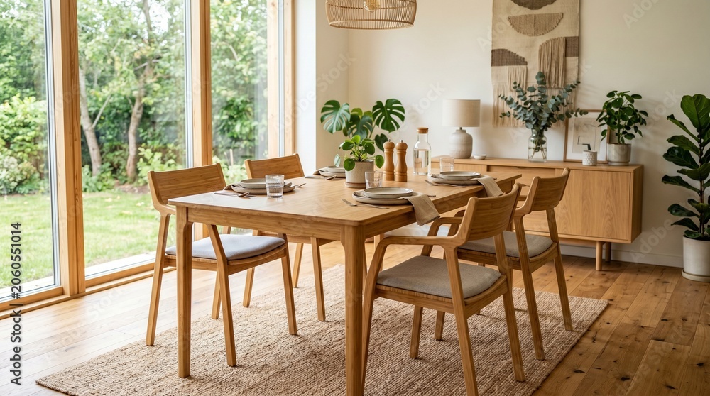 Fototapeta premium Modern Bamboo Dining Table Set for Six in Scandinavian Style Bright Natural Interior.