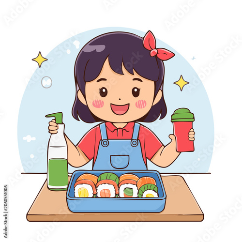 Cute girl preparing sushi with sauce and drink