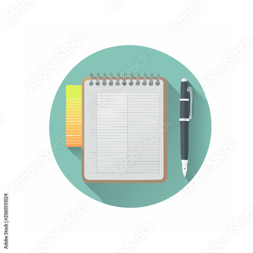 Flat design icon of notebook and pen on teal circle
