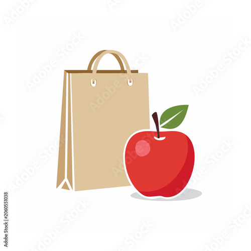 Flat design illustration of shopping bag and red apple