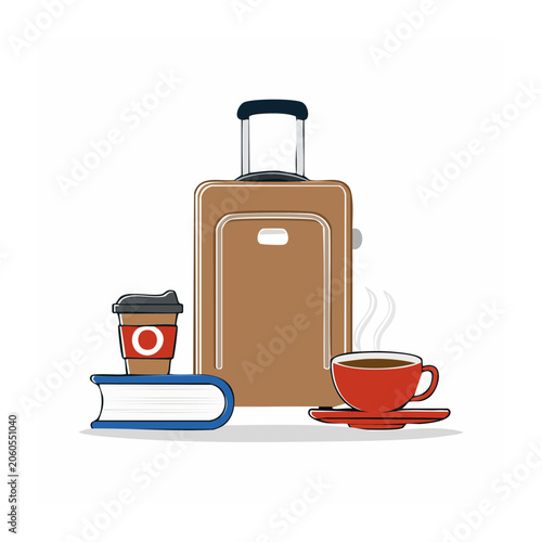 Flat design illustration of travel items with coffee and book