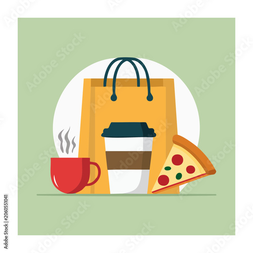 Flat design illustration of shopping bag with coffee and pizza
