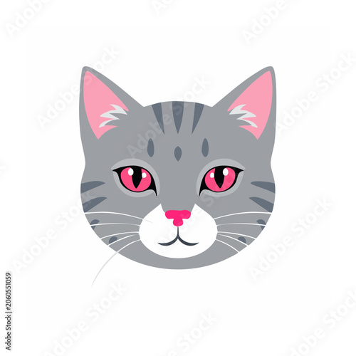 Gray tabby cat face illustration with pink ears and red eyes