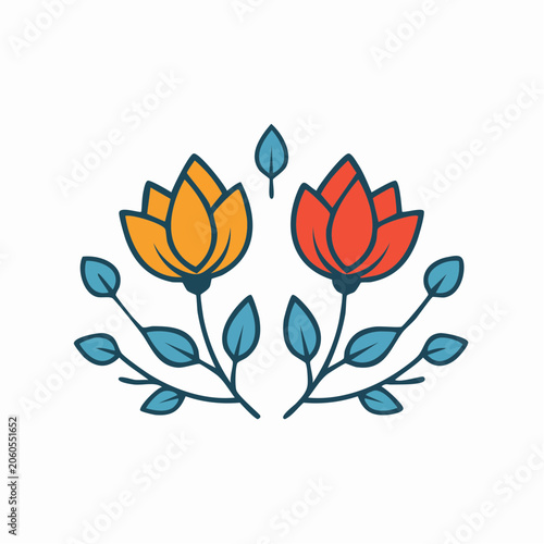 Stylized Floral Design with Orange and Red Flowers