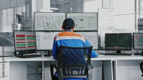 Industrial worker in a uniform operating machinery from a control room, sitting at a desk with multiple monitors displaying diagrams and data for supervising the manufacturing process
