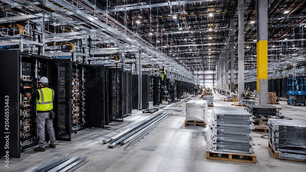 Fototapeta premium Hyperscale Data Center Infrastructure Deployment with Enterprise Server Installation, Cloud Computing Expansion, Artificial Intelligence Operations and Digital Technology Development Concept