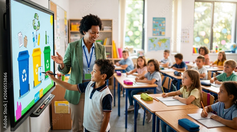 Fototapeta premium African american female teacher and boy student learning about recycling in classroom. Interactive whiteboard demonstration of waste sorting. Sustainable education for primary school
