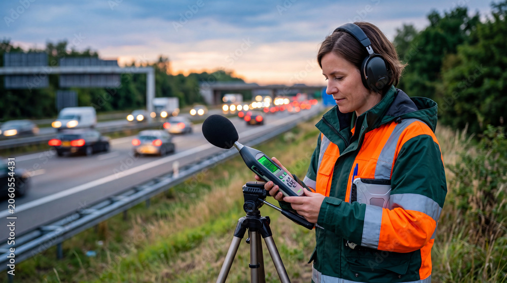 Naklejka premium Woman scientist using sound level meter to measure noise pollution near highway. Environmental inspector monitoring acoustic impact of traffic. Ecology research and urban noise control