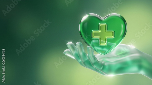 Translucent 3D hand holding green glass heart with medical cross inside