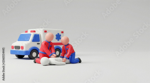 3D plasticine figures of paramedics performing CPR next to an ambulance.