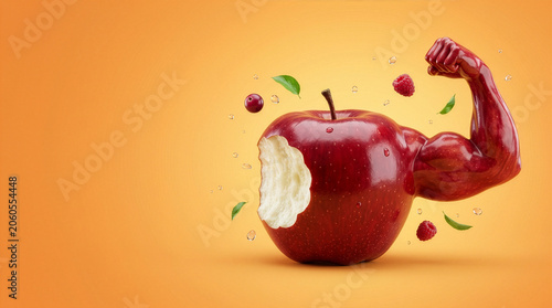 Bitten red apple with flexing muscular arm isolated on orange background