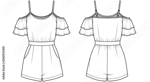 Konstfotografi Fashion CAD technical drawing of a womens cold shoulder ruffled romper with adju