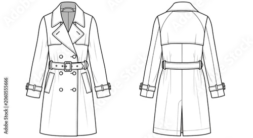 Foto Detailed CAD flat sketch of a classic double-breasted trench coat, showcasing fr