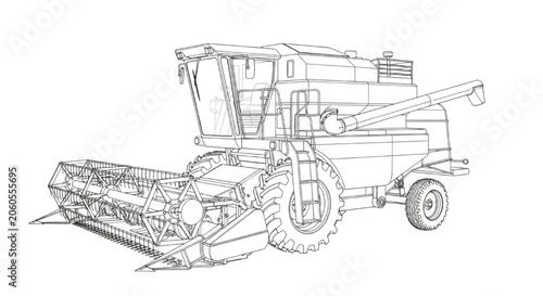 Fotografie Combine Harvester Agriculture Machine Technical CAD Wireframe Blueprint Illustra