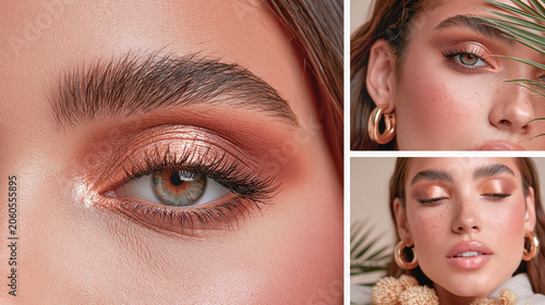 Beauty Collage of Woman with Shimmering Bronze Eyeshadow and Faux Freckles