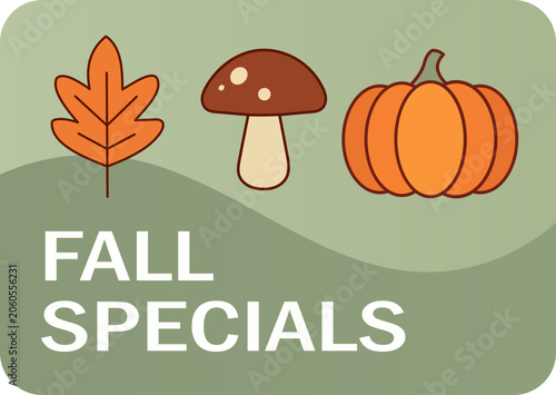 Εκτύπωση καμβά Fall specials text with leaf, mushroom, and pumpkin icons