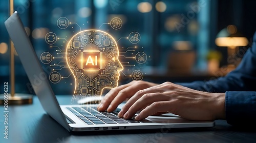 Hands typing on laptop with glowing AI head circuit board, symbolizing machine learning and digital intelligence integration.