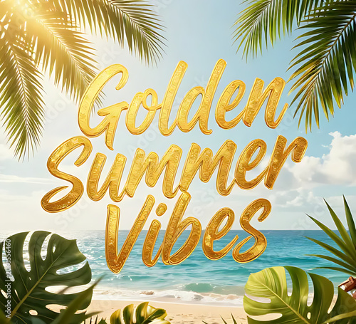 Golden Summer Vibes typography with tropical leaves and ocean backdrop