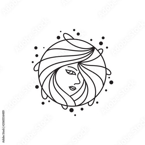 Women's beauty and lifestyle logo, with the concept of a woman's face with loose hair inside a circle emblem