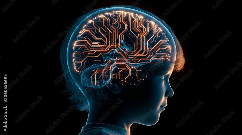Obraz premium A child's developing brain glows with branching circuits inside a translucent head silhouette, dark studio background, thoughtful and hopeful mood, gentle blue and amber light, close-up composition.