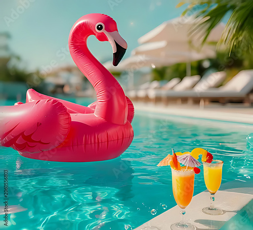Summer Vibes poolside scene with inflatable flamingo and tropical drinks