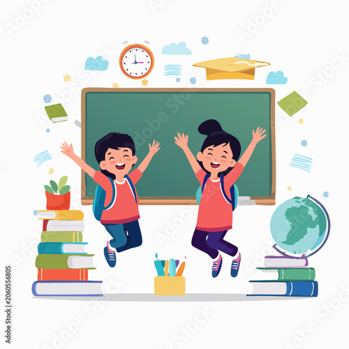 Happy Children Jumping with Books and School Supplies