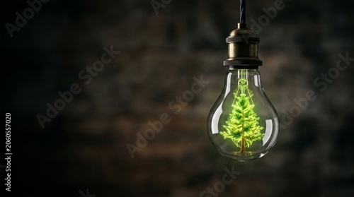 A glowing green Christmas tree inside a transparent light bulb, symbolizing environmental energy and innovation