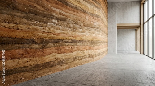 Rammed earth wall interior design with concrete floor and large windows