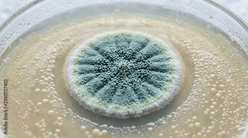 Macro view of a blue-green mold colony growing in a petri dish with clear liquid and small bubbles