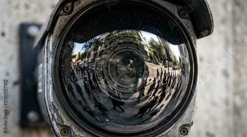 Close-up of a surveillance camera lens reflecting a busy street with people and buildings