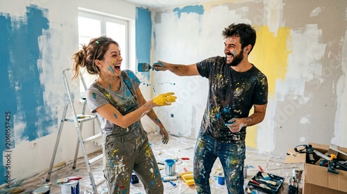 Couple happily painting a room and playfully splashing paint on each other, home renovation fun