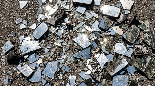 Broken car side mirror fragments and pieces scattered on asphalt ground