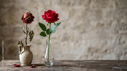 Vase with a fresh red rose and a withered dry rose on a wooden table against a textured background