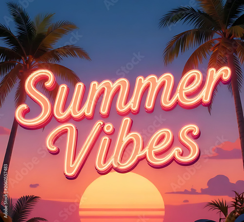 Summer Vibes neon text with retro tropical sunset gradient