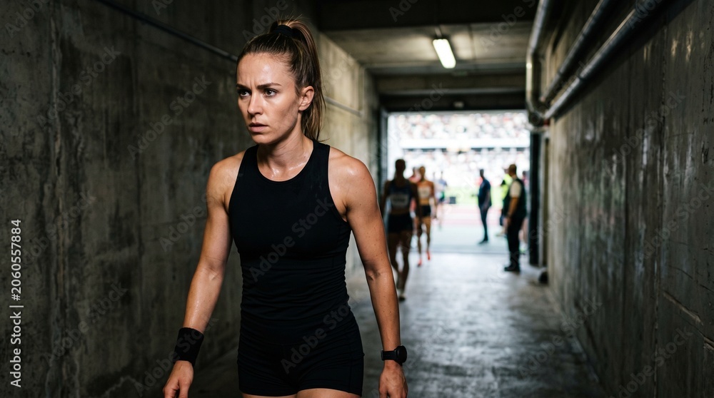 Fototapeta premium Focused athlete in stadium tunnel before race mental preparation concentration determination pre competition moment sports performance concept.