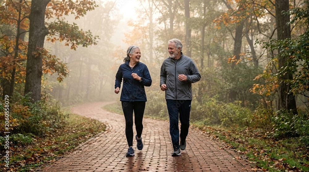 Obraz premium Elderly couple happily jogging together on a paved path in a misty autumn forest