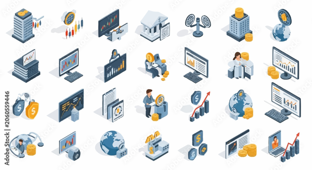 Fototapeta premium Isometric icons representing business, finance, and technology concepts with a modern, clean design.