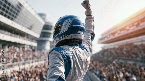 A focused racing driver in a white-and-blue suit raising a fist on a podium, cheering crowd and modern grandstands behind, triumphant mood, bright daylight, centered composition.