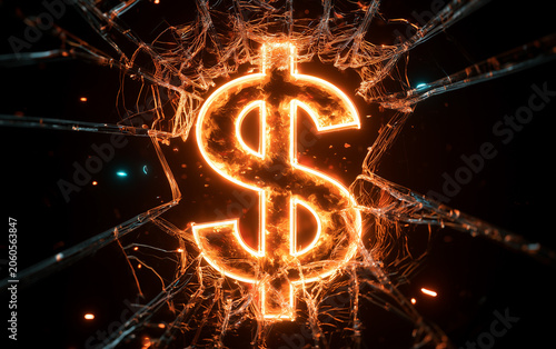 Dollar symbol glows bright orange within cracked glass texture. Fiery light flares from shattered fragments. Dark abstract background with sparkling particles