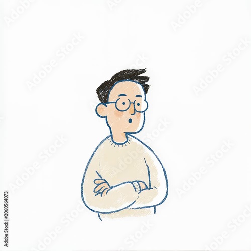 Friendly middle aged Asian man with glasses and a knit sweater stands with arms crossed in a calm cartoon whiteboard animation style